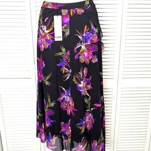 FUZZI Italy Black Floral Mesh Skirt NWT Small Pink Bird Paradise Ruffle Maxi